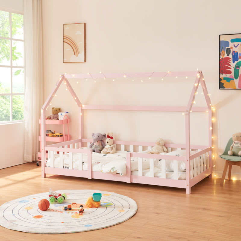 

[en.casa] - Cama para niños en Forma de Casa con Reja Protectora Madera de Pino 207 x 96 x 140 cm Chapa de Madera Rosa Blanco Mate Lacado