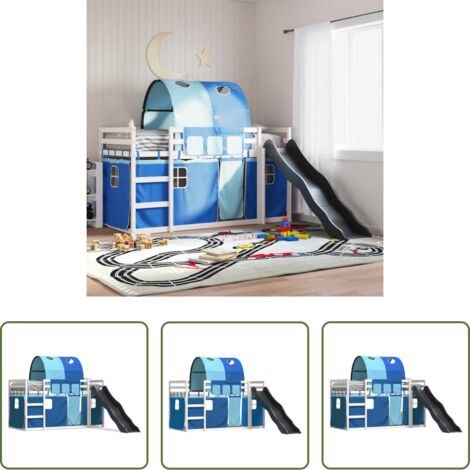 Cama para niños -  Litera con tobogán y cortinas azul 90x200 cm