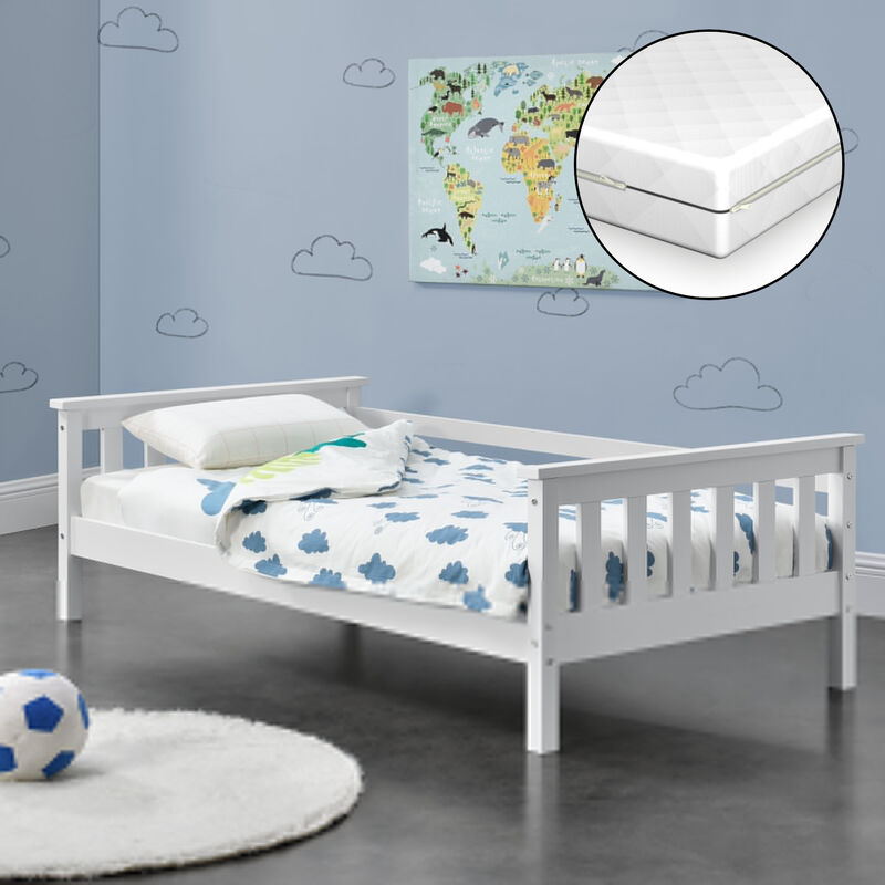 

Cama para niños Nuuk de Pino - 80 x 160cm - con Colchón Ortopédico y Somier - con área de Almacenamiento - Protección contra caídas - Blanco