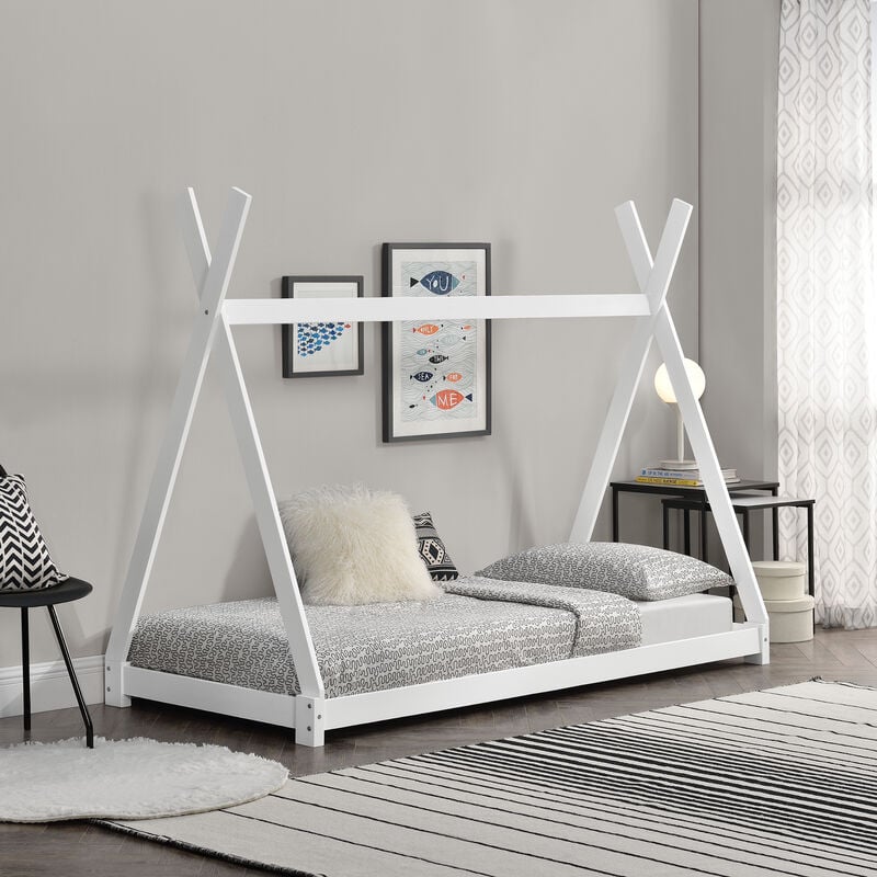 

Cama para niños pequeños - Cama infantil - 200 x 90cm - Estructura tipi de madera pino - Blanco mate