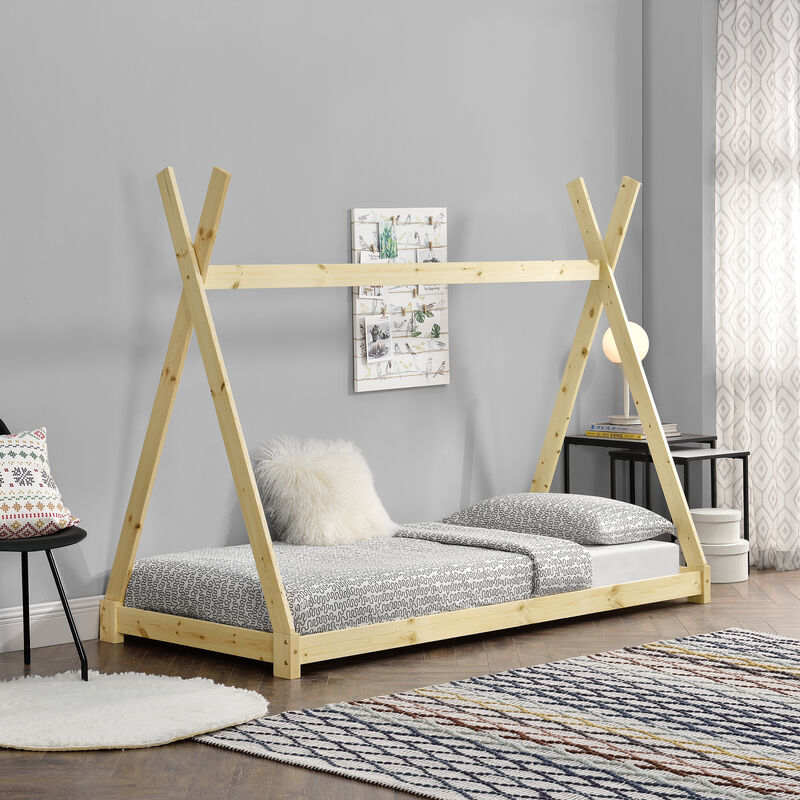 

Cama para niños pequeños - Cama infantil - 200 x 90cm - Estructura tipi de madera pino - Color pino natural