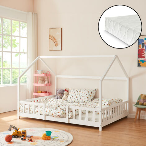 Cama para niños Sisimiut forma de casa pino + colchón 120x200 cm Blanco [en.casa][neu.haus]