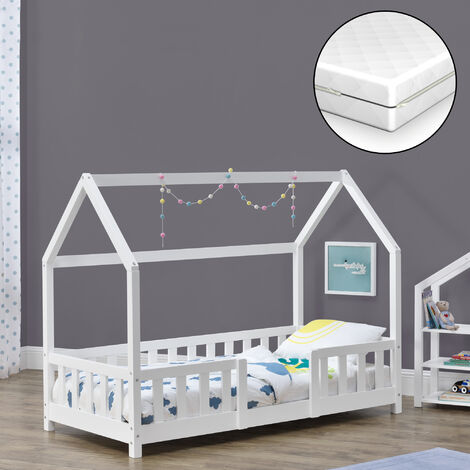 Cama para niños Sisimiut forma de casa pino con colchón 70x140 cm blanco mate [en.casa][neu.haus]