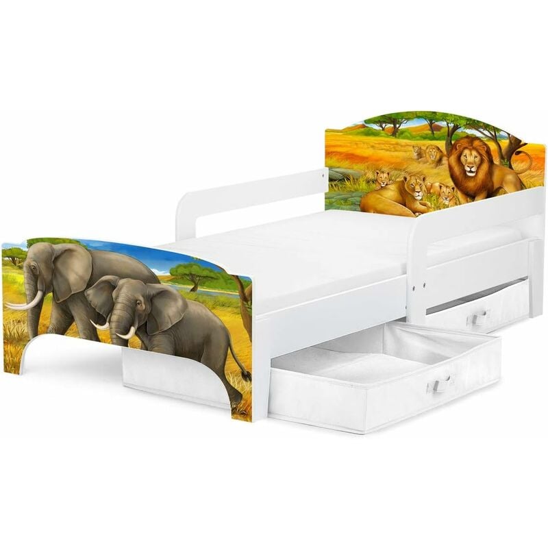 

Cama para niños SMART 140/70, con colchón cómodo y cajones. África Safari