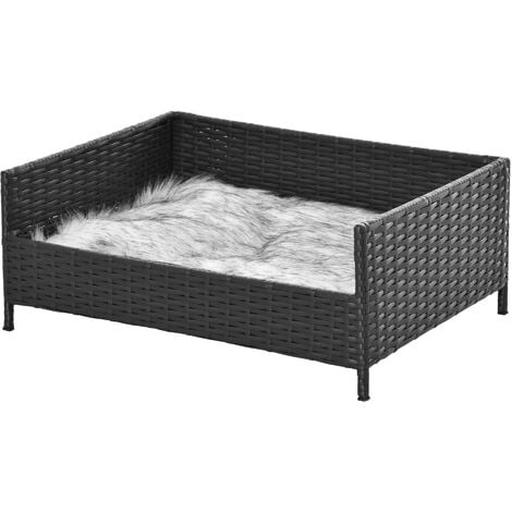 PAWHUT Cama para Perros de Mimbre Cama Elevada para Mascotas Gatos Rectangular con Cojín Suave y Lavable para Interior 61x46x24,5 cm Negro