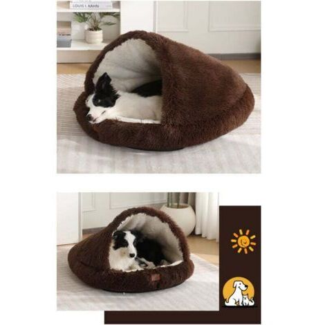 Cama para perros dos en uno: Caseta acogedora + manta, tamaño XXS [50 x 40 cm] con forro impermeable. Juguete de peluche auto-calentable para Border Collies (marrón).