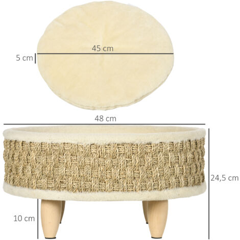 Cama para Perros Miniaturas con Cojín Lavable Cuerda de Seagrass y Marco de Madera Ø48x24,5 cm Beige