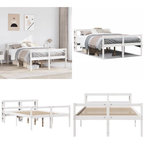 Cama personas mayores y cabecero madera pino blanco 150x200 cm - Cama de madera - Cama con cabecero