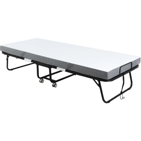 Cama plegable portátil de 200 x 75 x 42,5 cm con ruedas bloqueables, capacidad de carga de 150 kg, ideal para estancias temporales y habitaciones pequeñas.