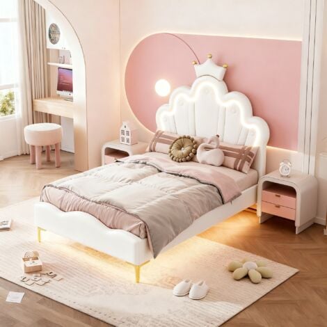 PERGAR Cama princesa 90x200 cm, cama infantil para niñas, cama individual con corona, somier de láminas, PU, ​​rosa, blanco
