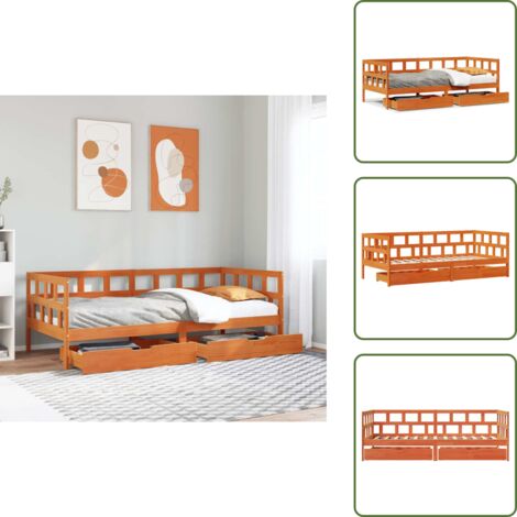 Cama rústica - vidaXL Sofá cama con cajones madera maciza pino marrón cera 80x200 cm - Cama con cajones madera