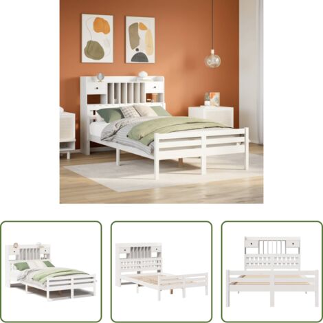 Cama sin colchón -  Cama con estantería sin colchón madera maciza blanca 135x190 cm