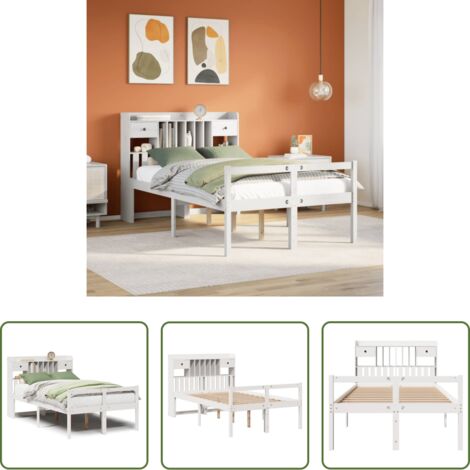 Cama sin colchón -  Cama con estantería sin colchón madera maciza blanca 135x190 cm