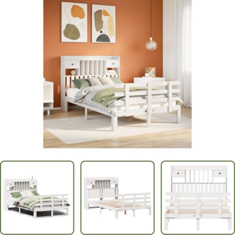Cama sin colchón -  Cama con estantería sin colchón madera maciza blanca 135x190 cm