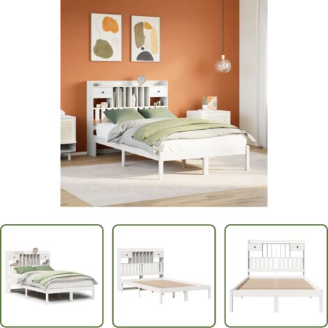Cama sin colchón -  Cama con estantería sin colchón madera maciza blanca 135x190 cm