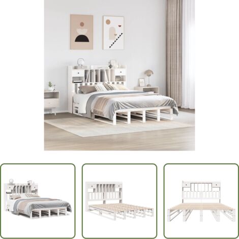 Cama sin colchón -  Cama con estantería sin colchón madera maciza blanca 140x190 cm