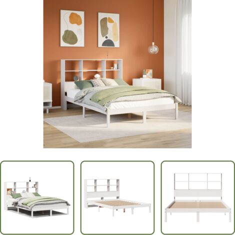 Cama sin colchón -  Cama con estantería sin colchón madera maciza blanca 140x200 cm