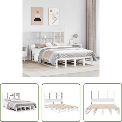 Cama sin colchón -  Cama con estantería sin colchón madera maciza blanca 140x200 cm