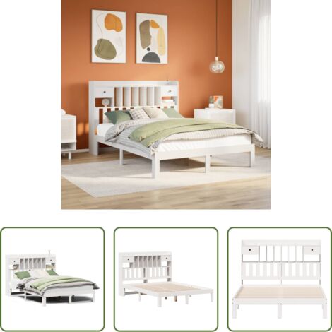 Cama sin colchón -  Cama con estantería sin colchón madera maciza blanca 140x200 cm