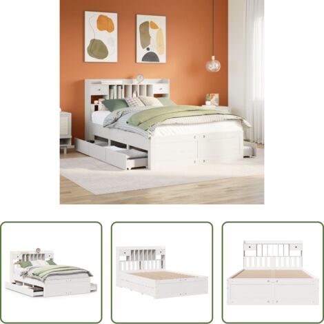 Cama sin colchón -  Cama con estantería sin colchón madera maciza blanca 140x200 cm