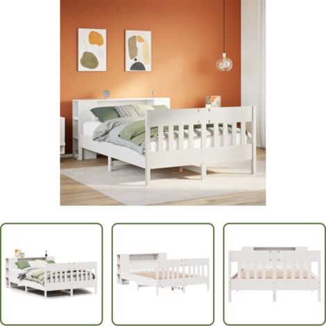 Cama sin colchón -  Cama con estantería sin colchón madera maciza blanca 150x200 cm