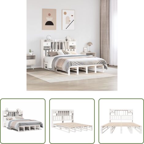 Cama sin colchón -  Cama con estantería sin colchón madera maciza blanca 150x200 cm