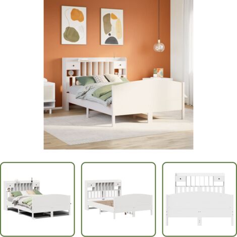 Cama sin colchón -  Cama con estantería sin colchón madera maciza blanca 150x200 cm