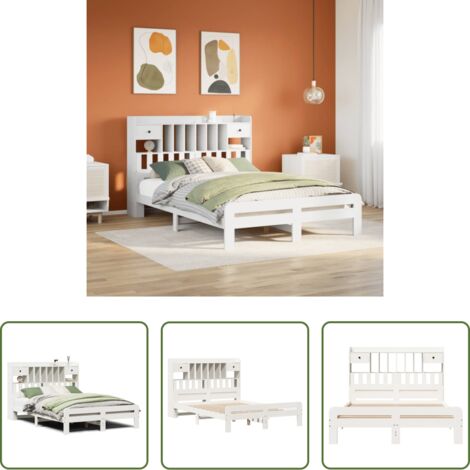 Cama sin colchón -  Cama con estantería sin colchón madera maciza blanca 150x200 cm