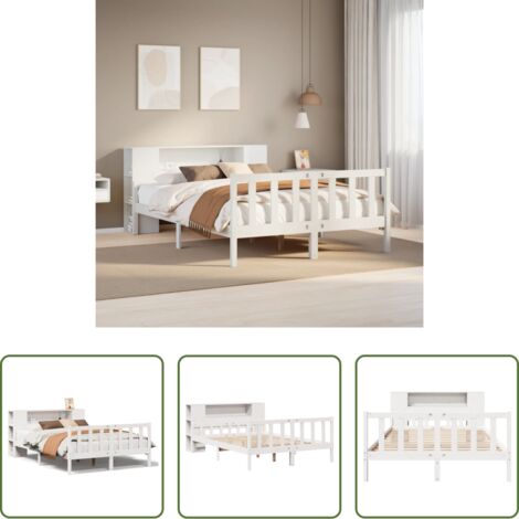 Cama sin colchón -  Cama con estantería sin colchón madera maciza blanca 150x200 cm