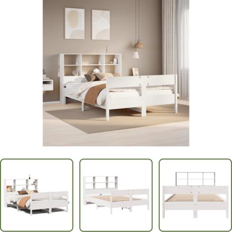 Cama sin colchón -  Cama con estantería sin colchón madera maciza blanca 160x200 cm