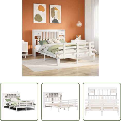 Cama sin colchón -  Cama con estantería sin colchón madera maciza blanca 160x200 cm