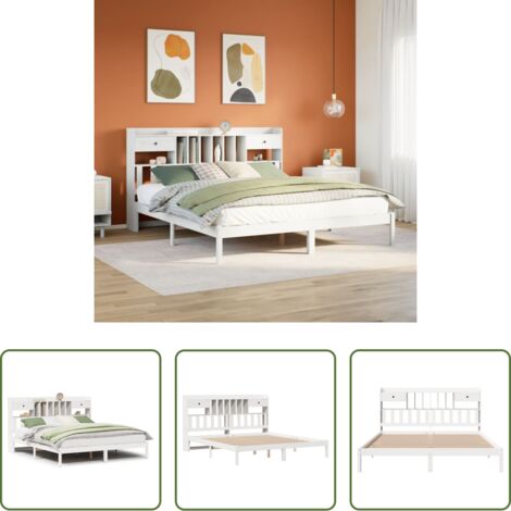 Cama sin colchón -  Cama con estantería sin colchón madera maciza blanca 180x200 cm