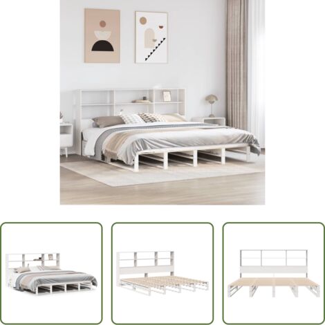 Cama sin colchón -  Cama con estantería sin colchón madera maciza blanca 180x200 cm