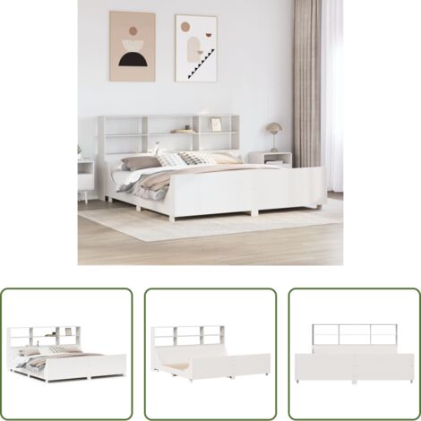 Cama sin colchón -  Cama con estantería sin colchón madera maciza blanca 180x200 cm