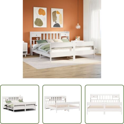 Cama sin colchón -  Cama con estantería sin colchón madera maciza blanca 180x200 cm