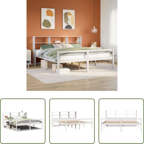 Cama sin colchón -  Cama con estantería sin colchón madera maciza blanca 180x200 cm