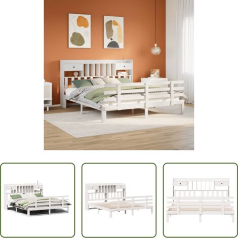 Cama sin colchón -  Cama con estantería sin colchón madera maciza blanca 180x200 cm