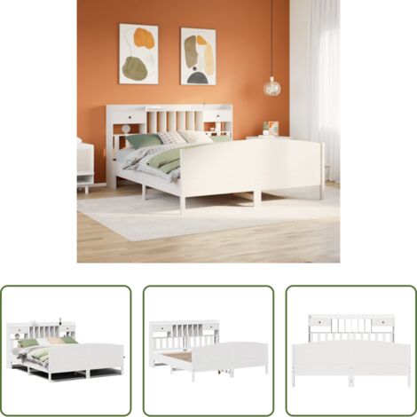 Cama sin colchón -  Cama con estantería sin colchón madera maciza blanca 180x200 cm