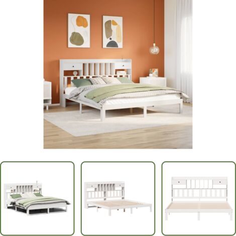 Cama sin colchón -  Cama con estantería sin colchón madera maciza blanca 180x200 cm