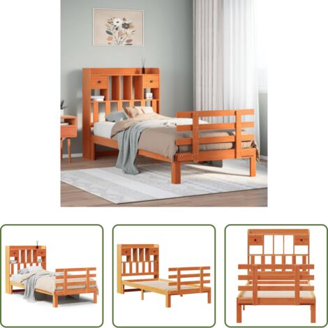 Cama sin colchón -  Cama con estantería sin colchón madera maciza marrón 100x200 cm