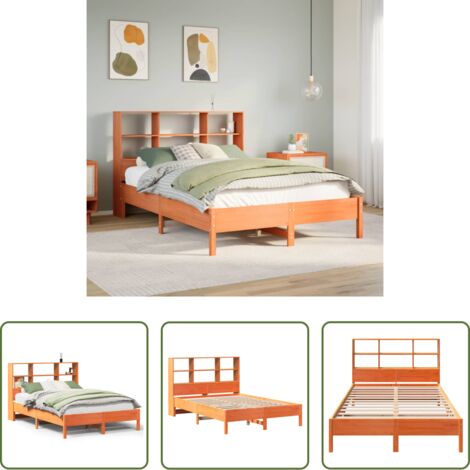 Cama sin colchón -  Cama con estantería sin colchón madera maciza marrón 140x190 cm
