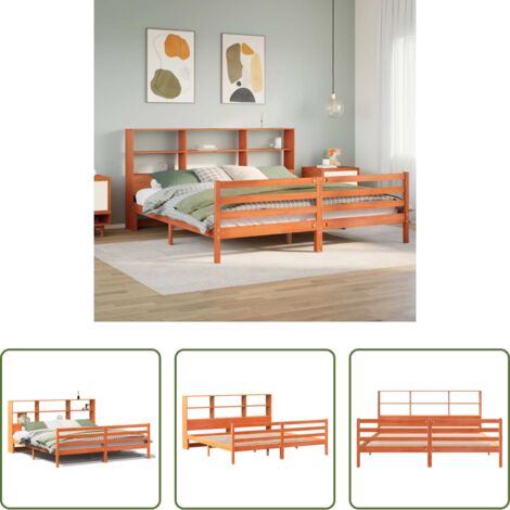Cama sin colchón -  Cama con estantería sin colchón madera maciza marrón 200x200 cm