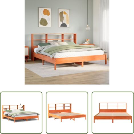 Cama sin colchón -  Cama con estantería sin colchón madera maciza marrón 200x200 cm