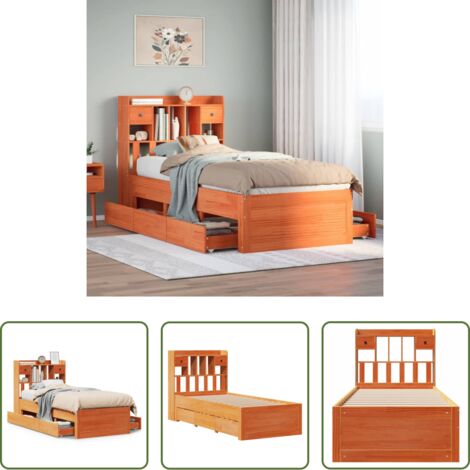 Cama sin colchón -  Cama con estantería sin colchón madera maciza marrón 75x190 cm