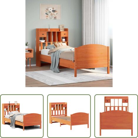 Cama sin colchón -  Cama con estantería sin colchón madera maciza marrón 75x190 cm