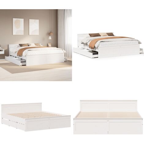 Cama sin colchón con cabecero madera de pino blanco 180x200 cm - Cama de madera - Cama con cabecero