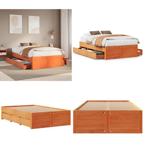 Cama sin colchón con cajones madera de pino marrón 135x190 cm - Cajones de madera - Cama de pino