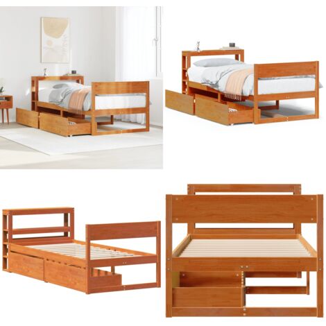 Cama sin colchón madera maciza de pino marrón cera 100x200 cm - Cama de madera - Cama de pino