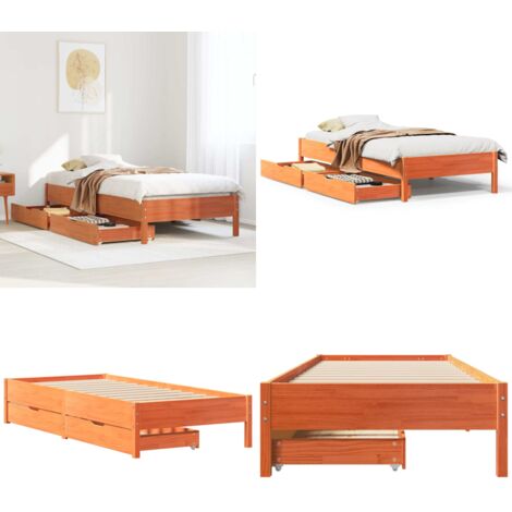 Cama sin colchón madera maciza de pino marrón cera 100x200 cm - Madera maciza - Cama de pino