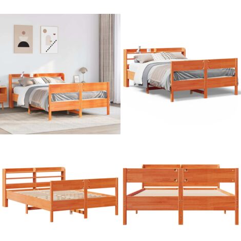Cama sin colchón madera maciza de pino marrón cera 120x200 cm - Cama de madera - Cama de pino